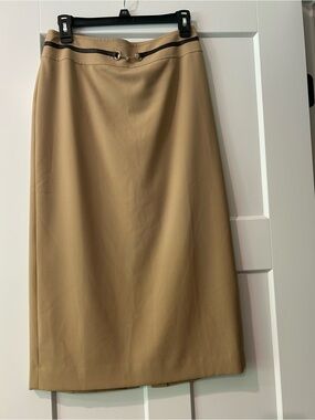 LOFT Tan Pencil Skirt with Brown Trim and Decorative Clasp